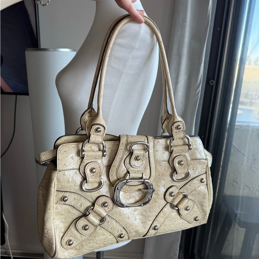 Guess Cream Ostrich-Texture Shoulder Bag with Silver Hardware - Picture 2 of 10